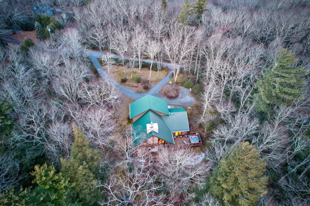 This image captures the exterior of the house with its distinctive green roof, a circular driveway, and the surrounding trees that create a sense of seclusion and immersion in nature. The setting hints at tranquil mornings and serene evenings, perfect for enjoying the outdoors or stargazing by the fire pit.